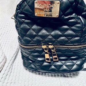 New Bebe backpack, small, black, quilted faux, leather backpack gold hardware